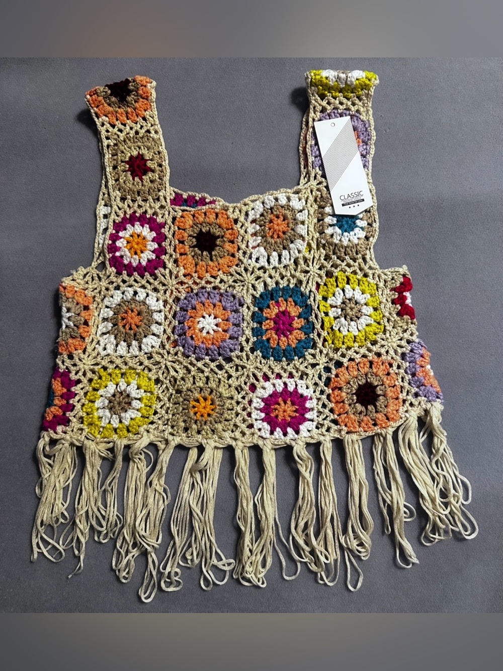 #D-3 Crochet Fringe Tank Top-Multicolor Crochet Squares